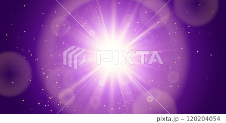 Star burst and sparkles, vector abstract lens flare on blue purple background	 120204054