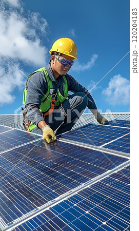 Worker is installing a new solar panels on the 120204183