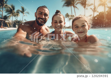 sunny poolside moment featuring a smiling man and two happy kids enjoying a tropical vacation 120204391