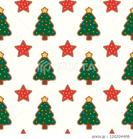 Seamless Pattern with Christmas Tree and star Gingerbread Cookie. Vector flat illustration. Seamless Pattern with Christmas Tree and star Gingerbread Cookie. Vector flat illustration. 120204406