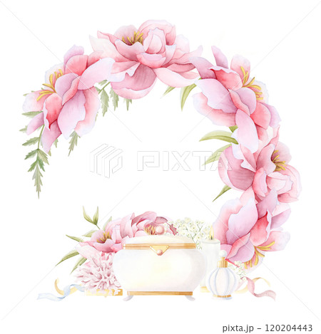Wedding pink peony flowers round wreath with jewelry box, perfume bottle and ribbons watercolor isolated illustration. Garden roses flowers frame template for wedding or Mothers Day stickers 120204443