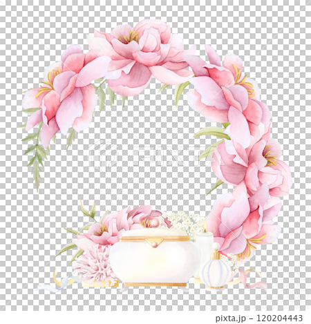 Wedding pink peony flowers round wreath with jewelry box, perfume bottle and ribbons watercolor isolated illustration. Garden roses flowers frame template for wedding or Mothers Day stickers 120204443