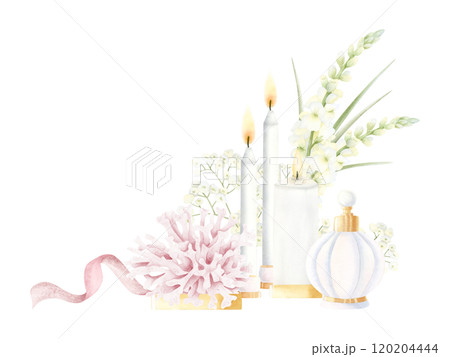 Watercolor white tall candles with perfume bottle, ribbon and Matthiola flowers watercolor isolated illustration. Hand drawn fragrance flacon in pastel colors for retro romantic cards 120204444