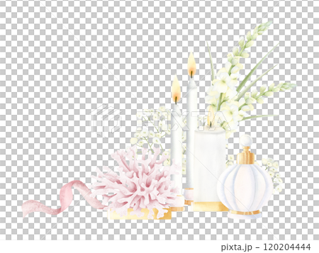 Watercolor white tall candles with perfume bottle, ribbon and Matthiola flowers watercolor isolated illustration. Hand drawn fragrance flacon in pastel colors for retro romantic cards 120204444