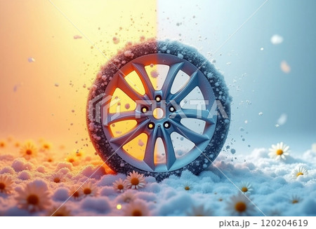 abstract background of winter and summer with car wheel symbolizing transition to winter or summer time 120204619