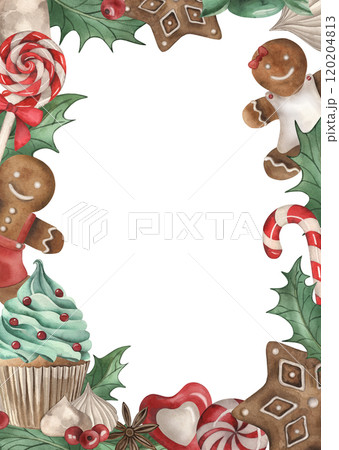 A template for a Christmas card. Gingerbread, cupcakes, lollipops, lollipops, holly. The illustrations are hand-drawn in watercolor on a white background. For congratulations, making gifts, holidays A template for a Christmas card. Gingerbread, cupcakes, lollipops, lollipops, holly. The illustrations are hand-drawn in watercolor on a white background. For congratulations, making gifts, holidays 120204813