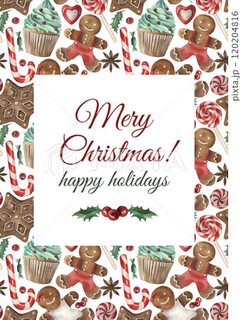 Greeting card with Christmas sweets, lollipops, cupcakes, gingerbread, candies. Illustrations are hand-drawn with watercolors. The background with a seamless pattern is made in a festive style 120204816