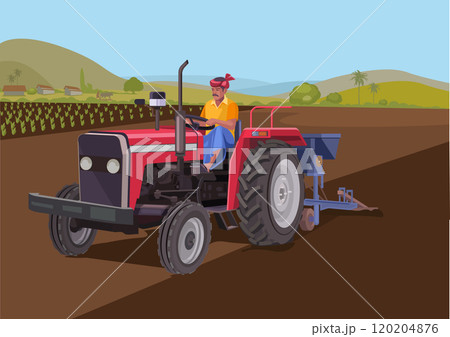 Indian farmer riding a tractor Indian farmer riding a tractor 120204876