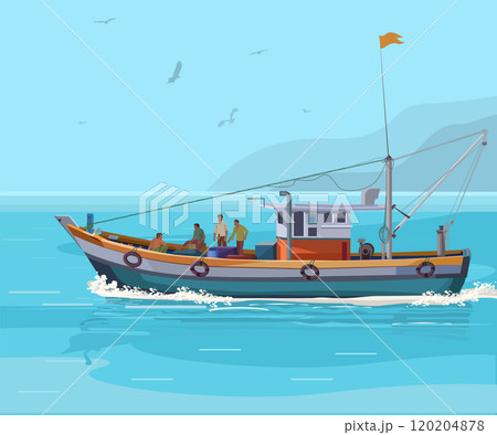 Colorful fishing boat on the ocean 120204878