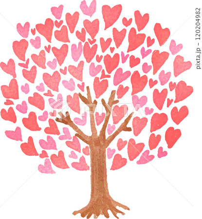 水彩タッチのたくさんのハートが集まったピンク色の木 120204982