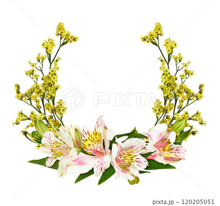Yellow limonium flowers and alstroemeria in a floral arrangement isolated on white 120205051
