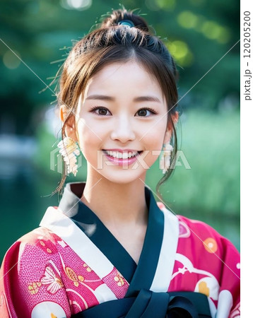 振り向く浴衣の女性 120205200