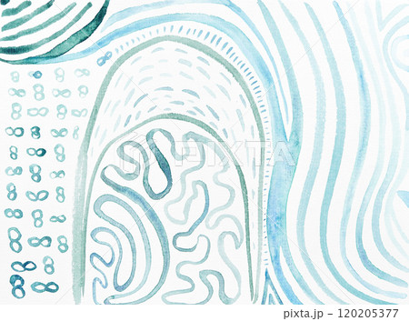 Abstract blue and green fluid lines with organic patterns in modern watercolor 120205377