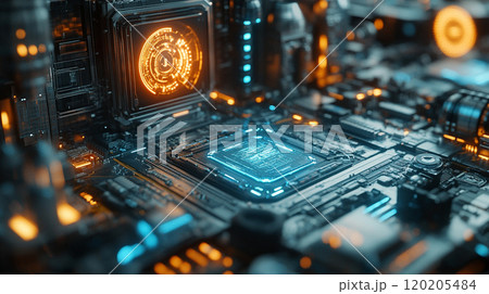 Close-up view of a futuristic microchip, intricate details of the circuits, and a wide, uncluttered area around for copy space. 120205484
