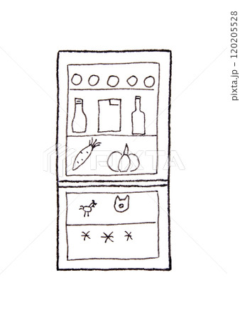 Minimalist sketch of refrigerator with groceries and beverages in simple line 120205528