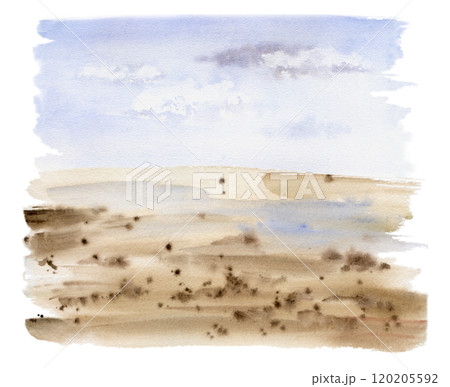 Scenery landscape, cloudy blue sky, green meadow field moorland pasture prairie grass land, hand drawn in watercolor. Illustration for tourism, resort ads, hiking camping sites vacation, nature maps. 120205592