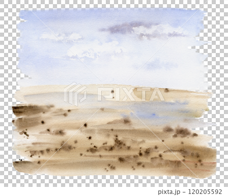 Scenery landscape, cloudy blue sky, green meadow field moorland pasture prairie grass land, hand drawn in watercolor. Illustration for tourism, resort ads, hiking camping sites vacation, nature maps. 120205592