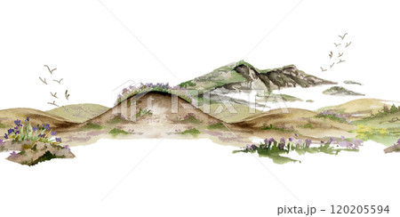 Scenery landscape of rolling hills mountains cliffs fields grass pasture land alpine vista flowers hand drawn in watercolor. Seamless banner. For tourism, resort ads, hiking camping sites, vacation. Scenery landscape of rolling hills mountains cliffs fields grass pasture land alpine vista flowers hand drawn in watercolor. Seamless banner. For tourism, resort ads, hiking camping sites, vacation. 120205594