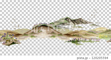 Scenery landscape of rolling hills mountains cliffs fields grass pasture land alpine vista flowers hand drawn in watercolor. Seamless banner. For tourism, resort ads, hiking camping sites, vacation. Scenery landscape of rolling hills mountains cliffs fields grass pasture land alpine vista flowers hand drawn in watercolor. Seamless banner. For tourism, resort ads, hiking camping sites, vacation. 120205594