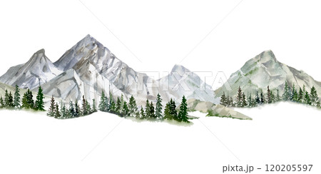 Scenery landscape of mountain range with snowy peaks, cliffs. coniferous forest pine trees, alpine vista hand drawn in watercolor. Seamless banner. Tourism, resort ads, hiking camping sites vacation. 120205597