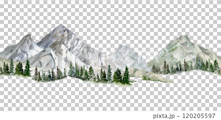 Scenery landscape of mountain range with snowy peaks, cliffs. coniferous forest pine trees, alpine vista hand drawn in watercolor. Seamless banner. Tourism, resort ads, hiking camping sites vacation. 120205597