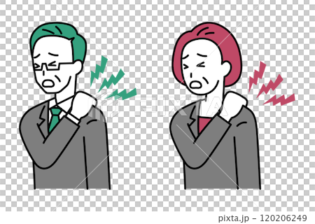 Set of middle-aged men and women in suits suffering from stiff shoulders 120206249