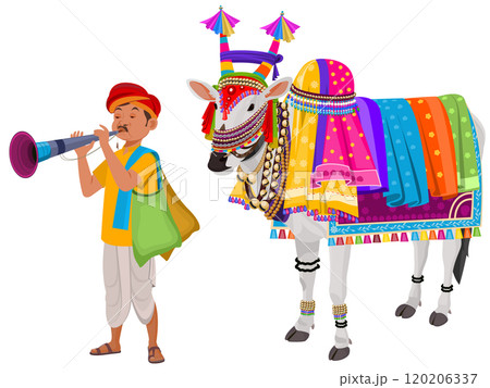 Decorated Ox, Indian decorated Ox and folk man with playing musical instrument 120206337