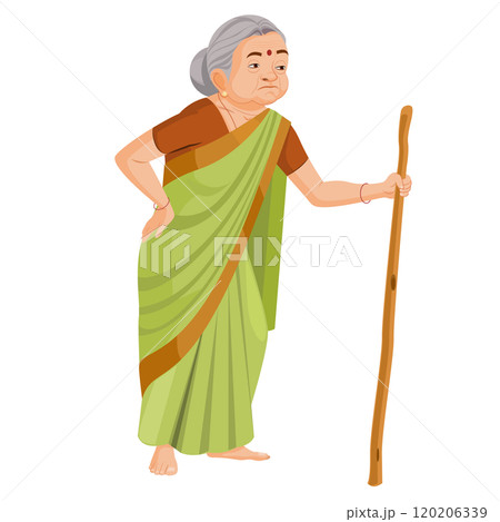 Indian old woman walking with stick Indian old woman walking with stick 120206339