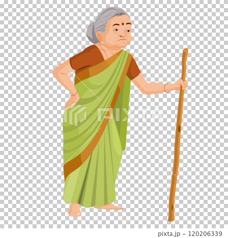 Indian old woman walking with stick Indian old woman walking with stick 120206339