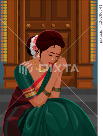 Indian woman sitting by a door 120206341