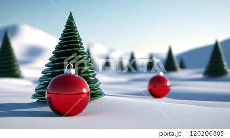 A peaceful snowy landscape featuring green Christmas trees and red ornaments during a bright winter morning 120206805
