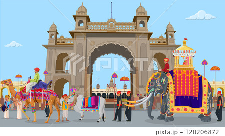 Mysore dasara, Balarama is lead elephant of Dasara procession and carried the idol of goddess Chamundeshwari, Musician Performing and People watching Procession, Entrance Gate to Mysore Palace Mysore dasara, Balarama is lead elephant of Dasara procession and carried the idol of goddess Chamundeshwari, Musician Performing and People watching Procession, Entrance Gate to Mysore Palace 120206872