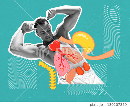 Muscular man with internal organ illustrations on his torso, symbolizing physical health, fitness, and medical wellness. Contemporary art collage. 120207229
