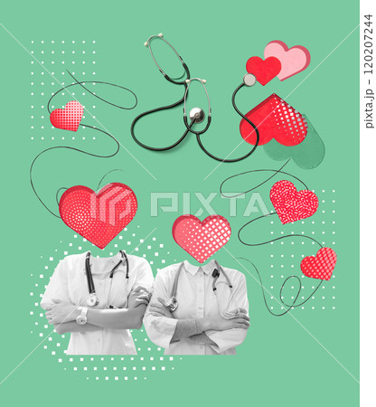 Two medical workers with heart shapes instead of heads, surrounded by stethoscopes and heart symbols. Contemporary art collage. Two medical workers with heart shapes instead of heads, surrounded by stethoscopes and heart symbols. Contemporary art collage. 120207244