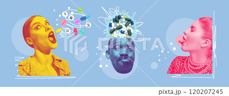 Diverse people with pills and supplements, symbolizing health, wellness, and the importance of vitamins. Contemporary art collage. 120207245