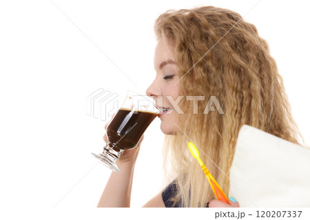 Funny woman being late drinking coffee 120207337