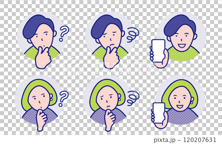 Round icon of a man and woman holding a smartphone, tilting their head in doubt, feeling confused [set] 120207631