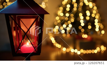 Christmas Lantern With Colorful Lights Shining And Copy Space 120207651
