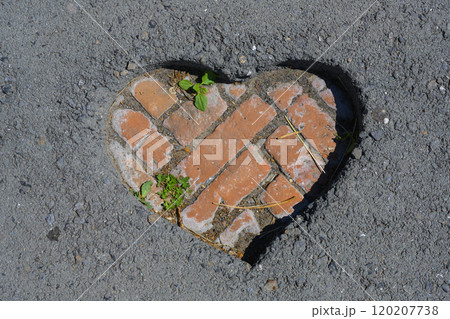 A close-up view of the heart-shaped brickwork on the asphalt sidewalk 120207738