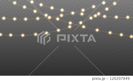 Christmas light PNG. Festive Christmas light garlands. LED lamps. Set of Christmas glowing garlands. For advertising invitations, web banners. 120207849