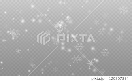 Realistic falling snow with snowflakes and clouds. Vector heavy snowfall, snowflakes in different shapes and forms. Many white cold flake elements on transparent background. 120207854