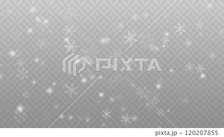 Winter background with snow in transparent Falling Snowflakes. Christmas snowflakes on a transparent background. Snowfall. Christmas or New Year card. Falling Snowflakes Winter background with snow in transparent Falling Snowflakes. Christmas snowflakes on a transparent background. Snowfall. Christmas or New Year card. Falling Snowflakes 120207855