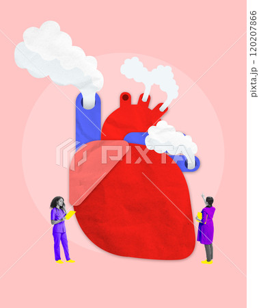 Poster. Contemporary art collage. Stylized red heart emitting smoke with two people observing it, on pink background, symbolizing heart health awareness. 120207866