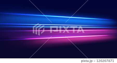 Speed police line. Laser beams, horizontal light rays. Magic shining neon light line trails. Purple glowing wave swirl, impulse cable lines. High speed effect motion blur night lights 120207871