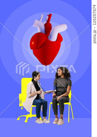 Poster. Contemporary art collage. Doctor taking patient's blood pressure, with large 3D heart floating above against blue background. 120207874