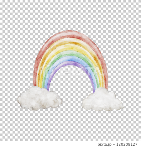 Rainbow in fluffy clouds. Weather watercolor illustration for children. Hand painted art for girl or boy childish educational, nursery art. weather icons. Symbols for forecasts of meteorology. 120208127