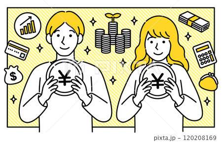 お金と資産運用のベクターイラスト・正面から見た男女のカップル・シンプルでポップなベクターイラスト お金と資産運用のベクターイラスト・正面から見た男女のカップル・シンプルでポップなベクターイラスト 120208169