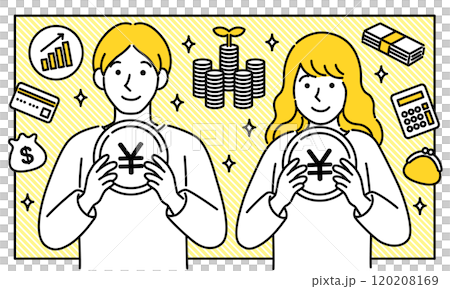 お金と資産運用のベクターイラスト・正面から見た男女のカップル・シンプルでポップなベクターイラスト お金と資産運用のベクターイラスト・正面から見た男女のカップル・シンプルでポップなベクターイラスト 120208169
