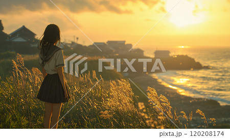 海辺の田舎町を見つめる女子学生の夏 海辺の田舎町を見つめる女子学生の夏 120208174