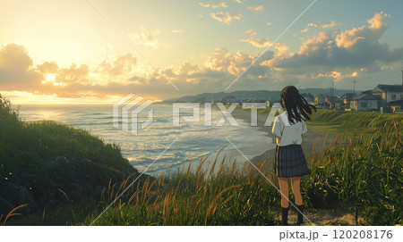 海辺の田舎町を見つめる女子学生の夏 120208176